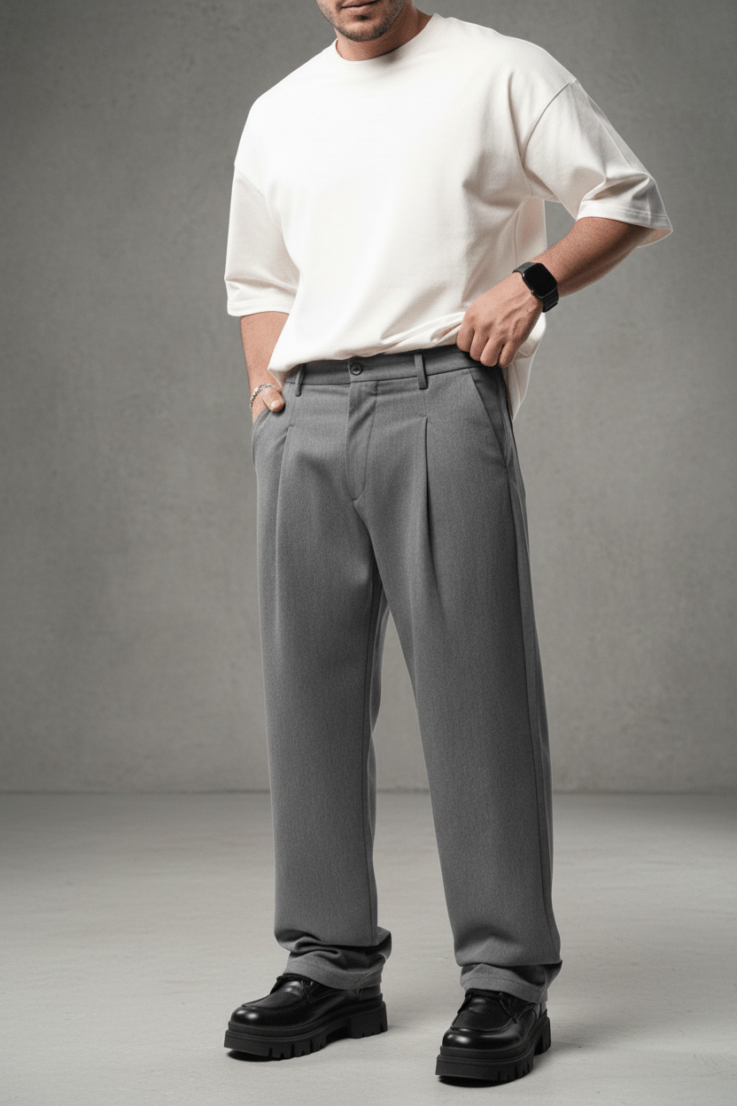 Pantalon Large Gris à Plis BGY1029