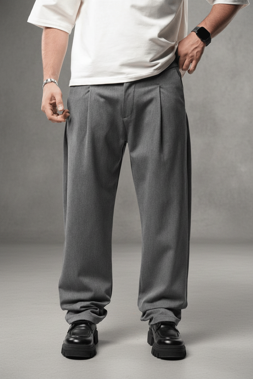 Pantalon Large Gris à Plis BGY1029