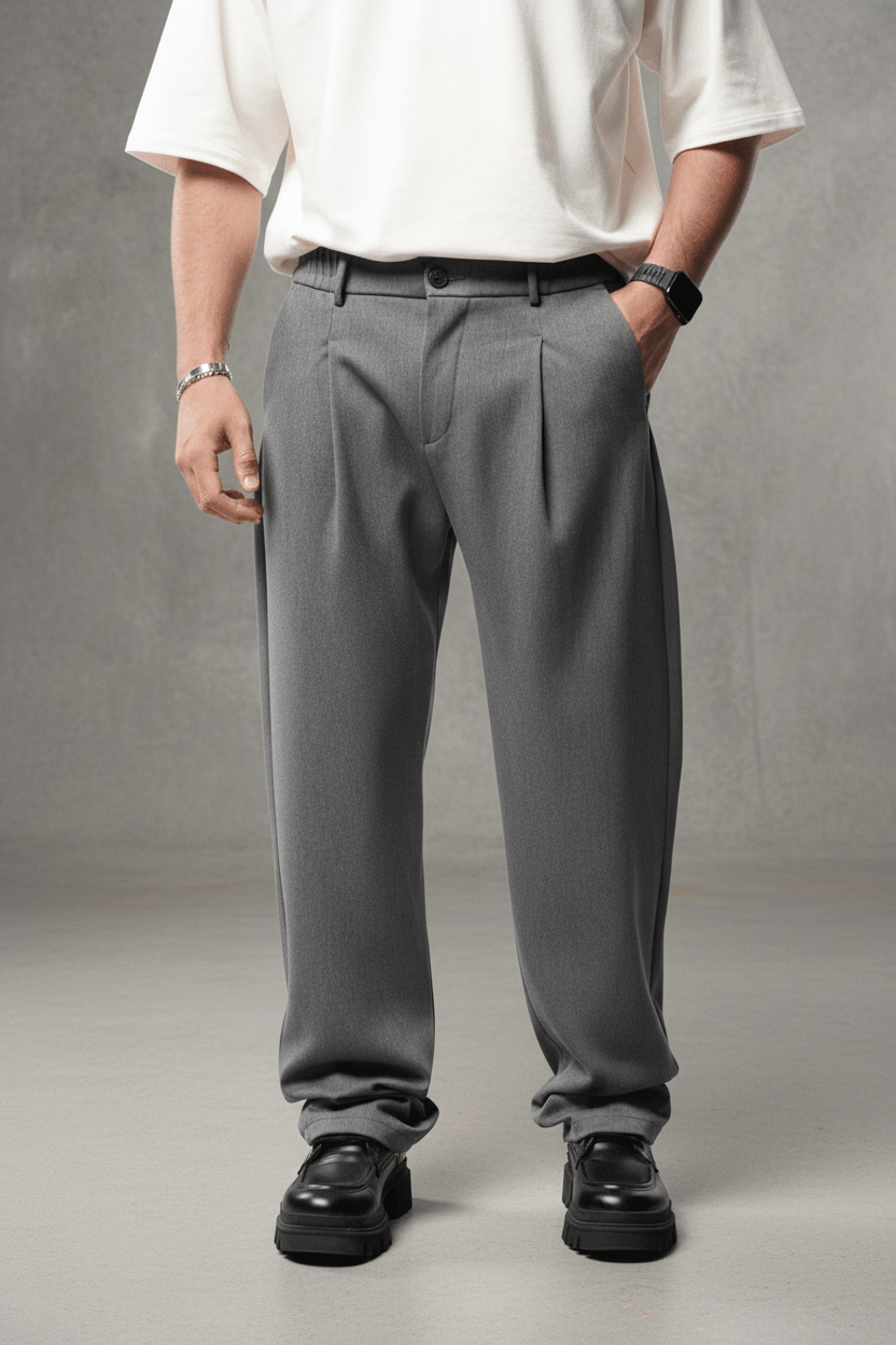 Pantalon Large Gris à Plis BGY1029