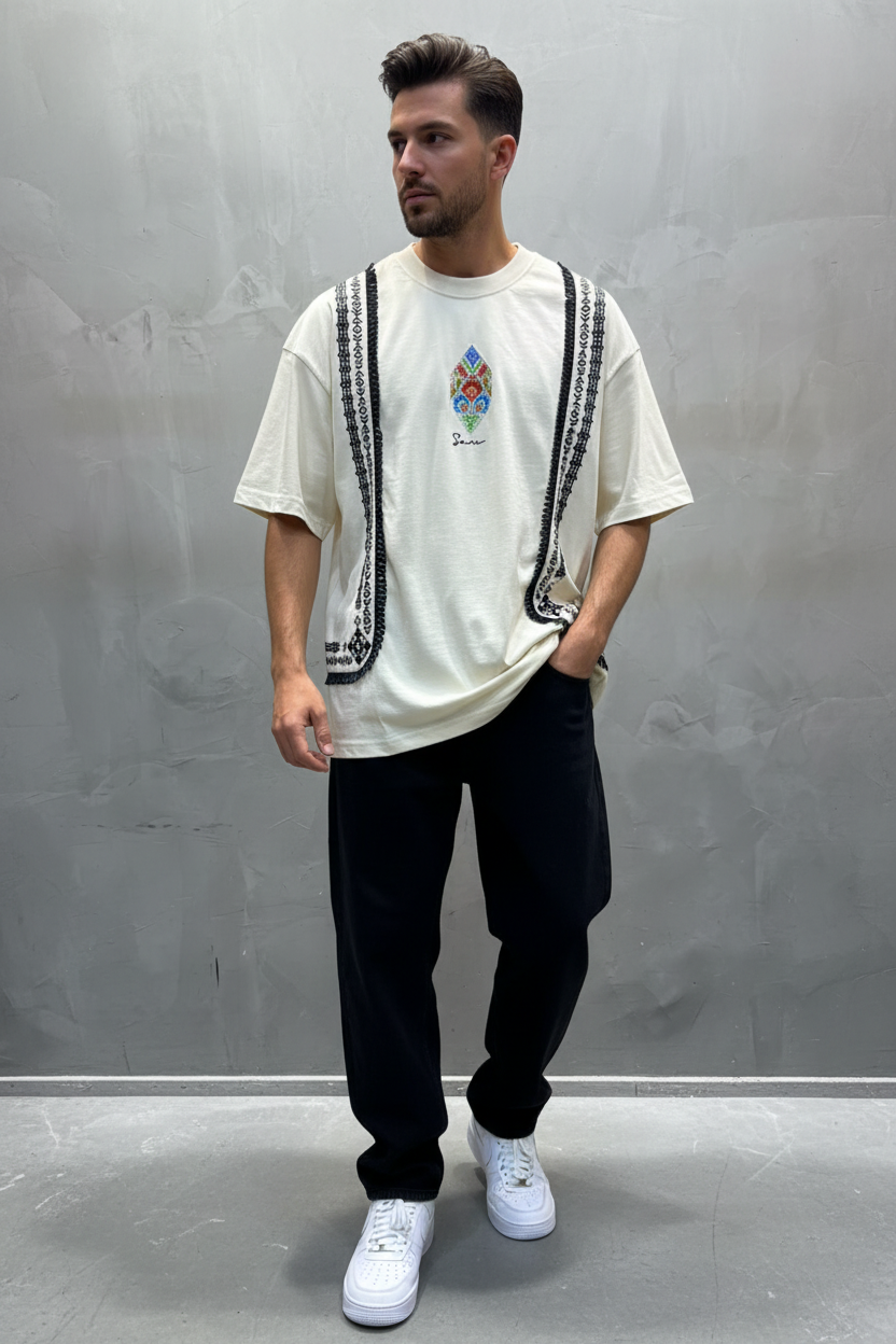 T-Shirt beige Oversize Broderie Marocaine 5080