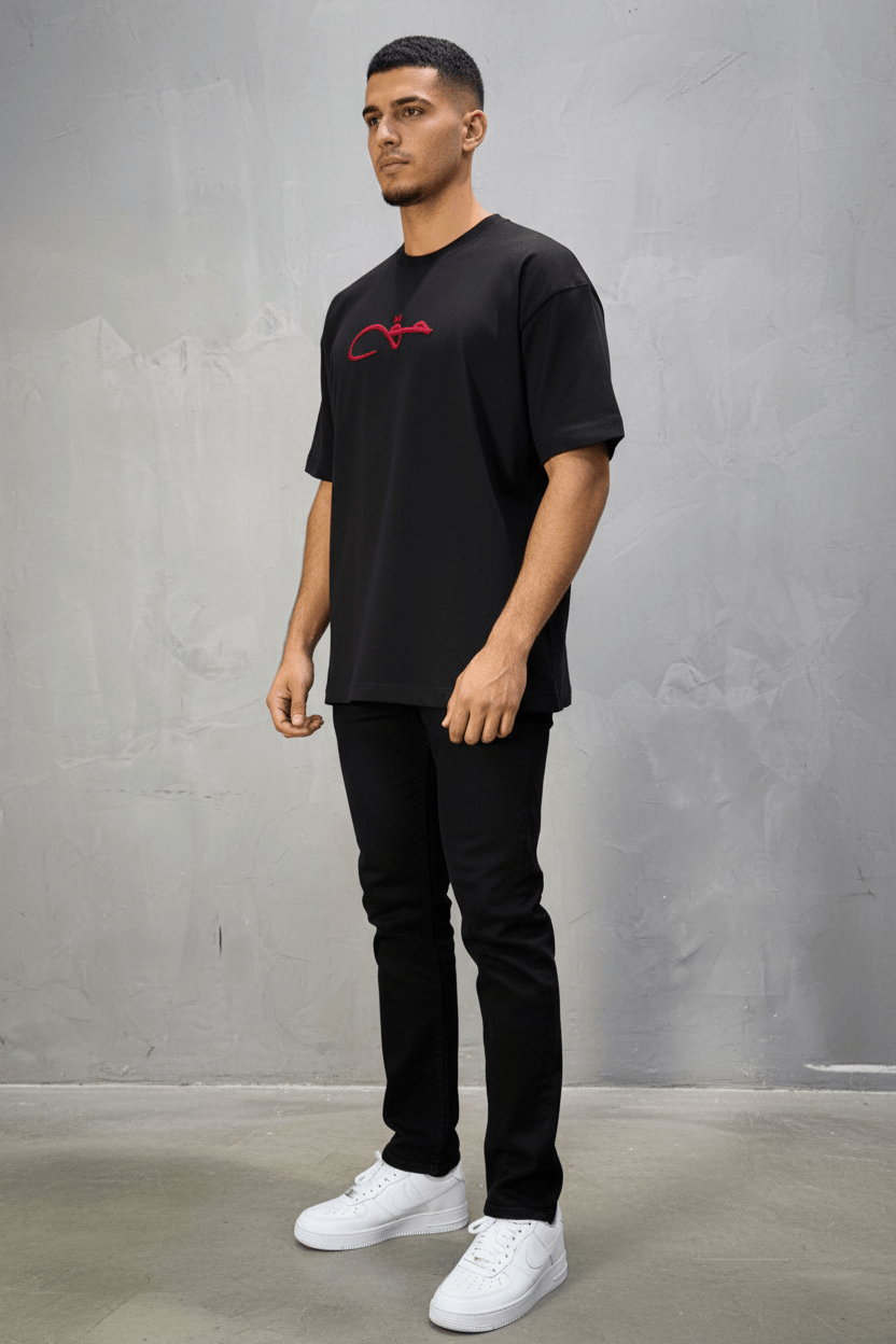 T-Shirt Oversize Noir Broderie Calligraphie "حق" Arabe 5052