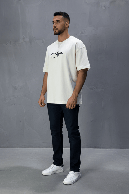 T-Shirt Oversize Beige Broderie Calligraphie "حق" Arabe 5052