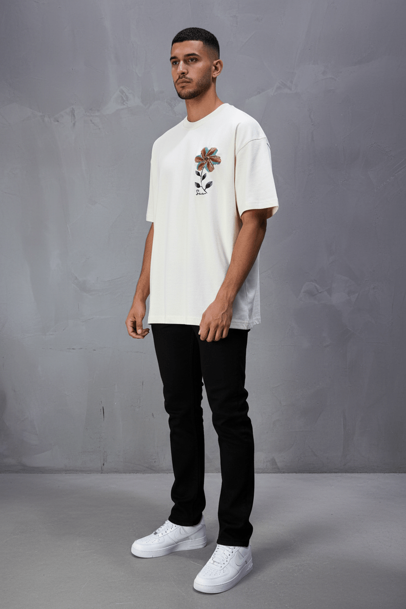 T-Shirt Oversize beige Broderie Fleur Baroque Blanc Premium 5090 - ZG PREMIUM