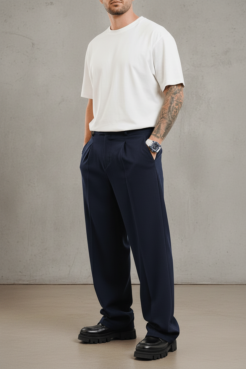 Pantalon Large bleu marine à Plis BGY1029