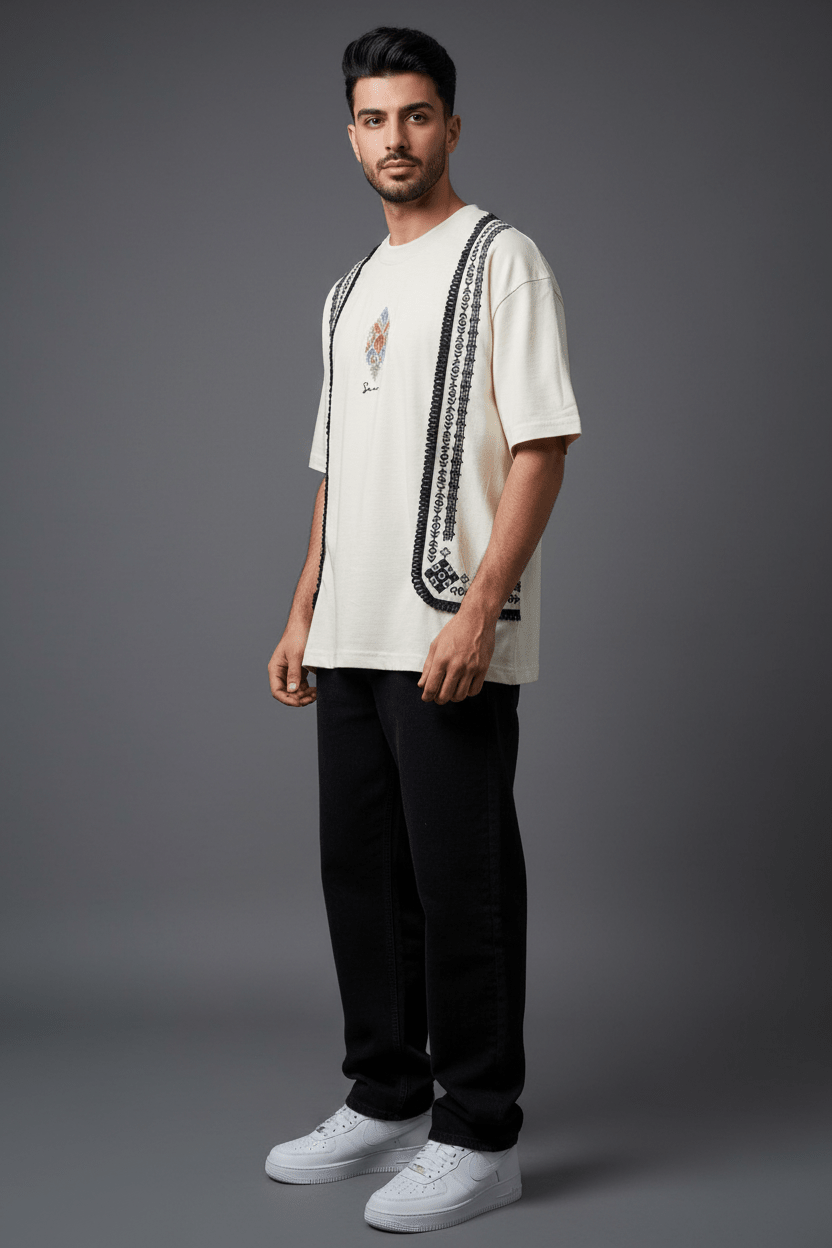 T-Shirt beige Oversize Broderie Marocaine 5080 - ZG PREMIUM