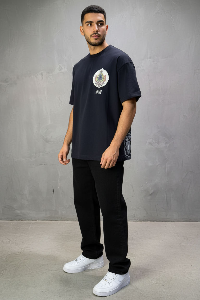 T-Shirt Navy blue Oversize Broderie Paisley Baroque SAW 5112