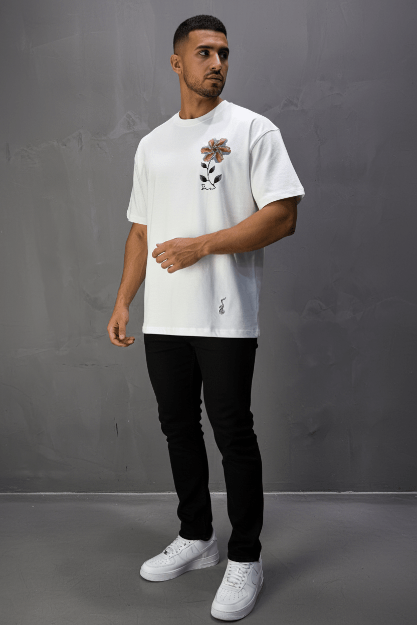 T-Shirt Oversize blanc Broderie Fleur Baroque Blanc Premium 5090 - ZG PREMIUM