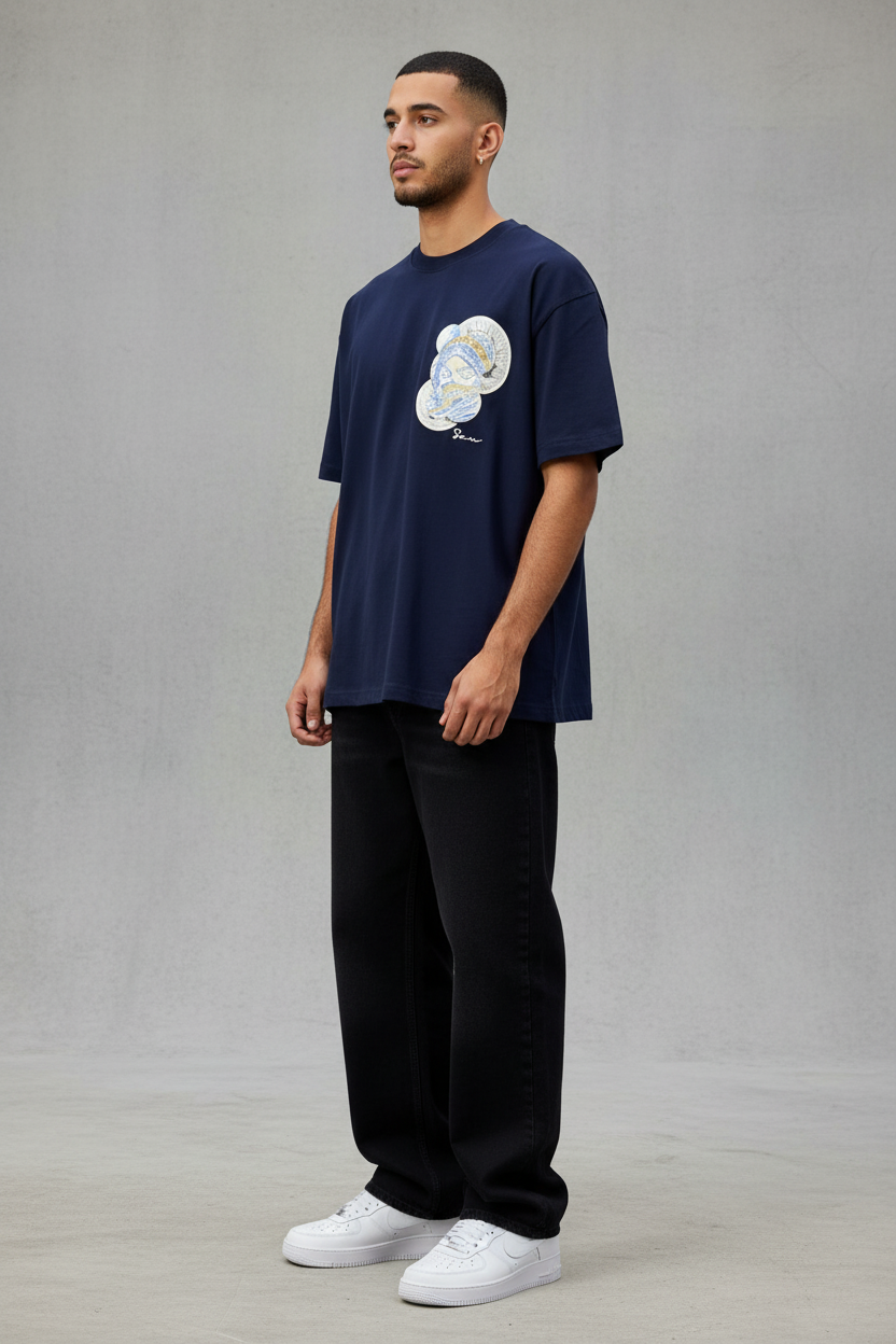 T-Shirt Oversize Navy Blue Brodé – Art Oriental 5108
