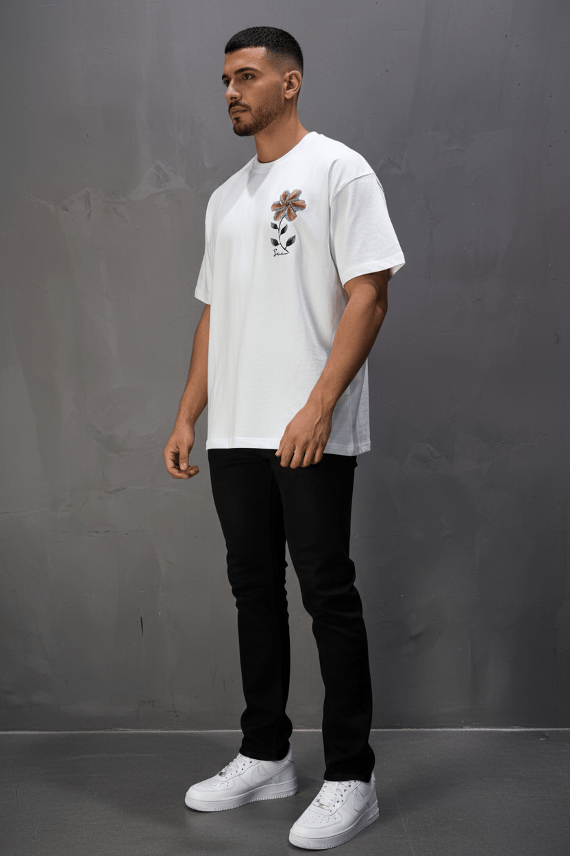 T-Shirt Oversize blanc Broderie Fleur Baroque Blanc Premium 5090 - ZG PREMIUM