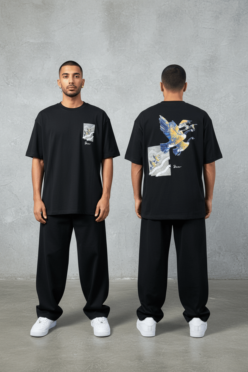 T-Shirt noir Oversize "Flying Eagle" – Broderie Artistique 5077 - ZG PREMIUM