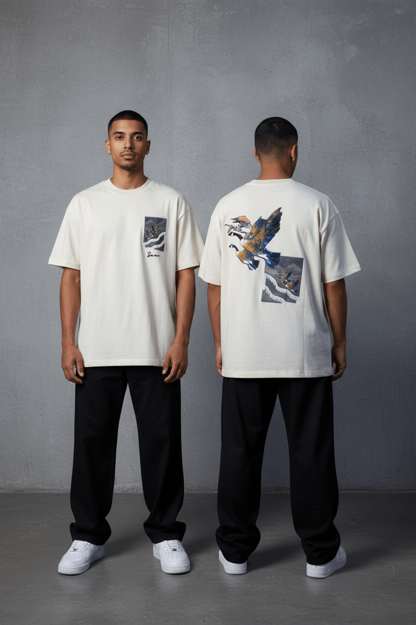 T-Shirt beige Oversize "Flying Eagle" – Broderie Artistique 5077 - ZG PREMIUM