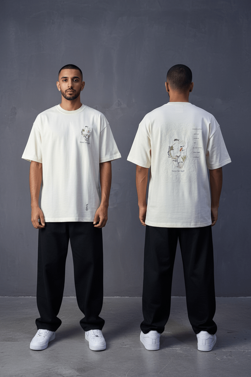 T-Shirt beige Oversize "Van Gogh" – Broderie Artistique Navy 5089 - ZG PREMIUM