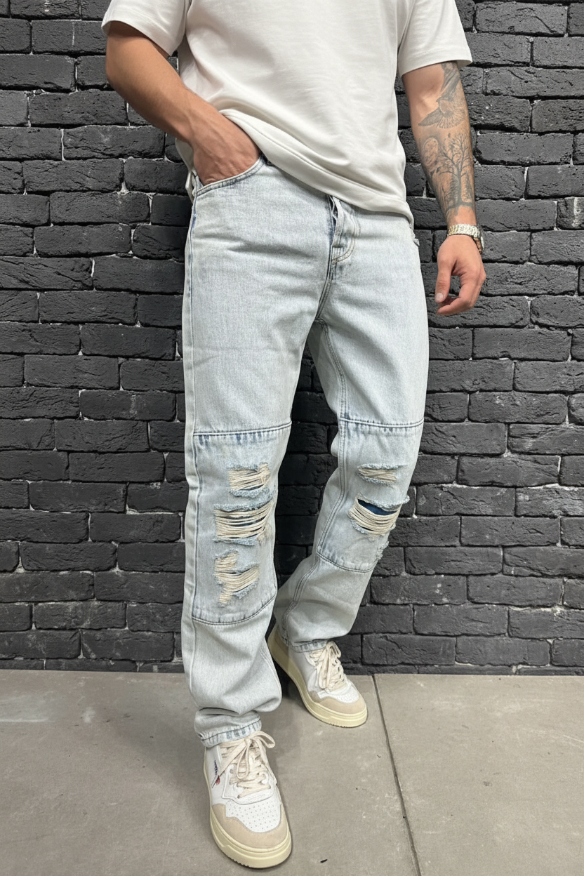 Jeans Baggy Bleu Glacé Destroyé Panneaux — B8796