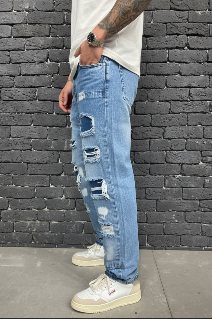 Jean Baggy Blue Patchwork — B8783