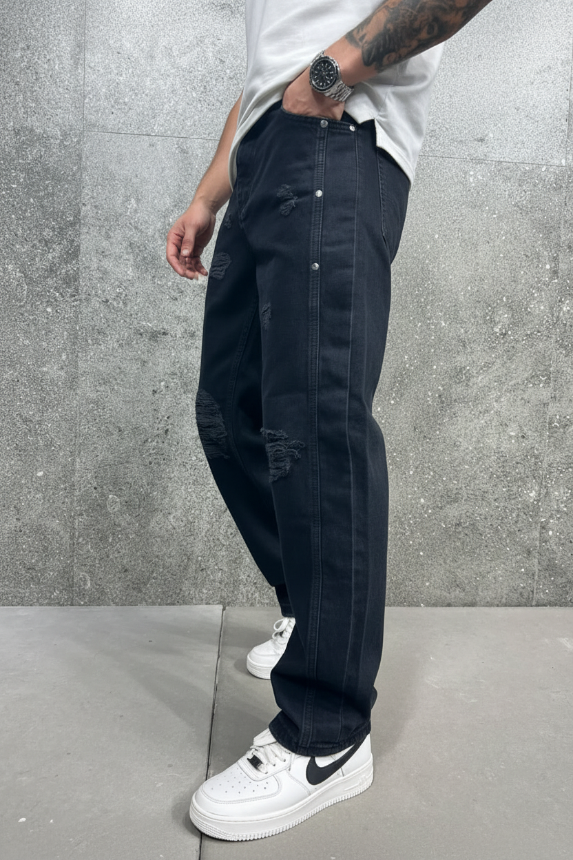 Jeans Baggy Noir Destroyé Heavy Ripped — B8527
