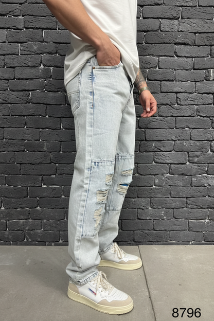 Jeans Baggy Bleu Glacé Destroyé Panneaux — B8796