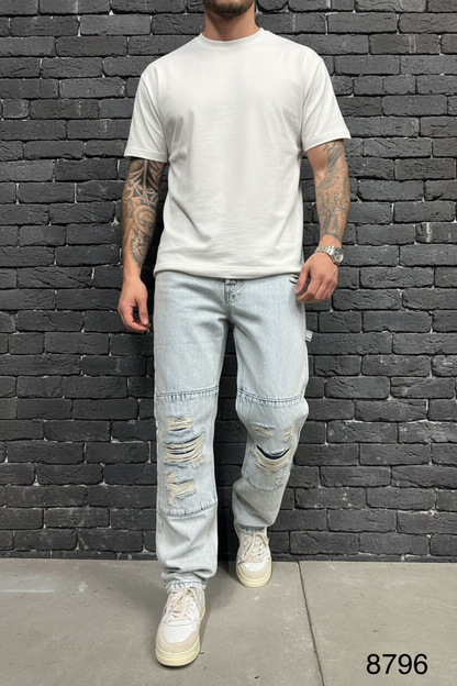 Jeans Baggy Bleu Glacé Destroyé Panneaux — B8796